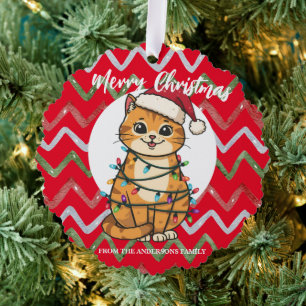 Merry and Bright cat Christmas kitten snow winter Tree Decoration Card
