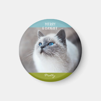 Merry and Bright Cat Kitten Christmas Photo Name Magnet
