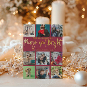 Merry and Bright Chic Red & Faux Gold 9 Photo Holiday Card