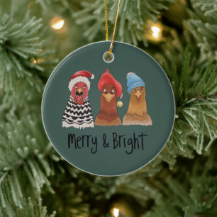Merry And Bright Chickens Christmas Farm Animal Ceramic Ornament
