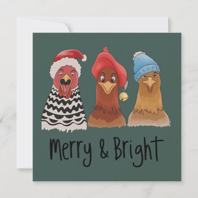 Merry And Bright Chickens Christmas Farm Animal  Holiday Card (Front)