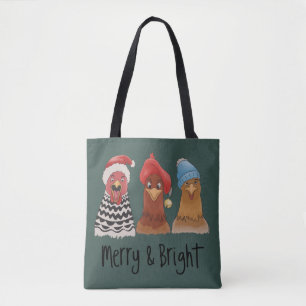 Merry And Bright Chickens Christmas Farm Animal  Tote Bag