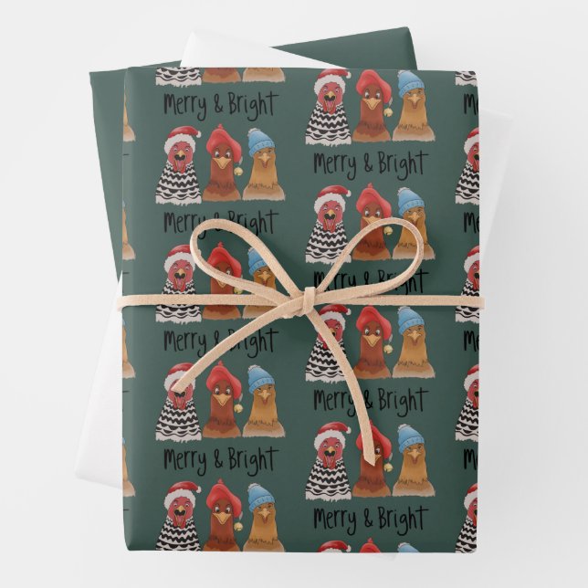 Merry And Bright Chickens Christmas Farm Animal  Wrapping Paper Sheet (In situ)