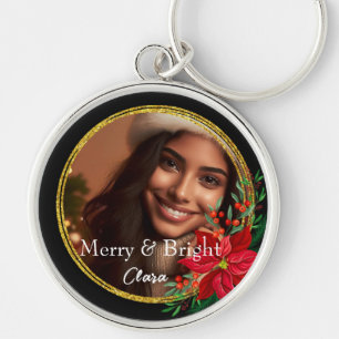 Merry and Bright Christmas Black Gold Photo Key Ring