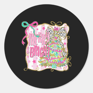 Merry And Bright Christmas Coquette Bow Xmas Tree Classic Round Sticker