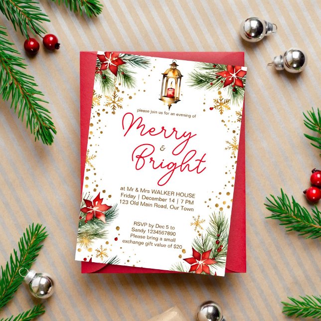 Merry and bright Christmas dinner party lantern Invitation (Merry and bright Christmas dinner party editable template invitation digital download poinsettia )