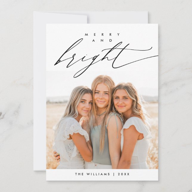 Merry and Bright, Christmas Family Photo Layover Holiday Card (Front)