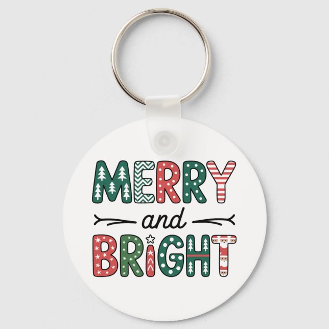 Merry And Bright Christmas Family Xmas Holiday Key Ring (Front)