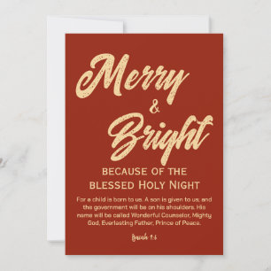 Merry and Bright Christmas Gold Beige Script Red Holiday Card