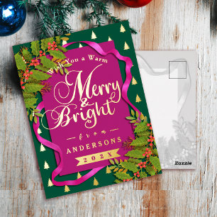 Merry and Bright Christmas Green Red Foil Holiday Postcard