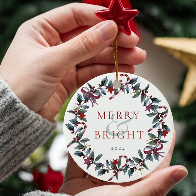 Merry and Bright Christmas Greenery Wreath Photo Ceramic Ornament (Creator Uploaded)