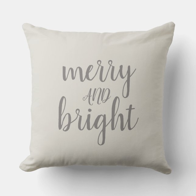 Merry and Bright Christmas Grey Script Cushion (Front)