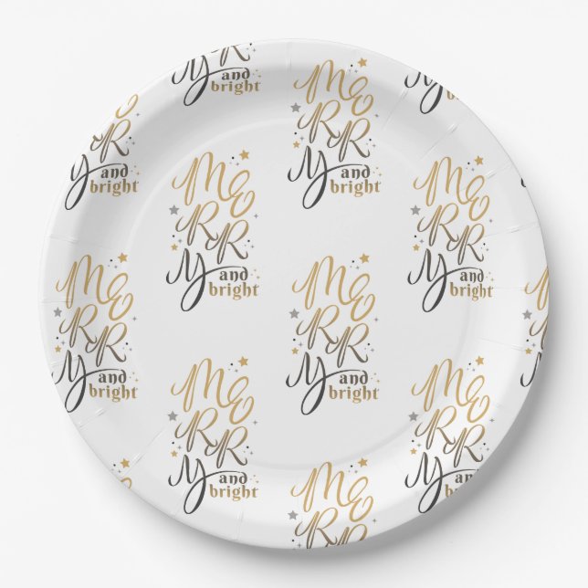 Merry and Bright Christmas Holiday Gold Script Paper Plate (Front)