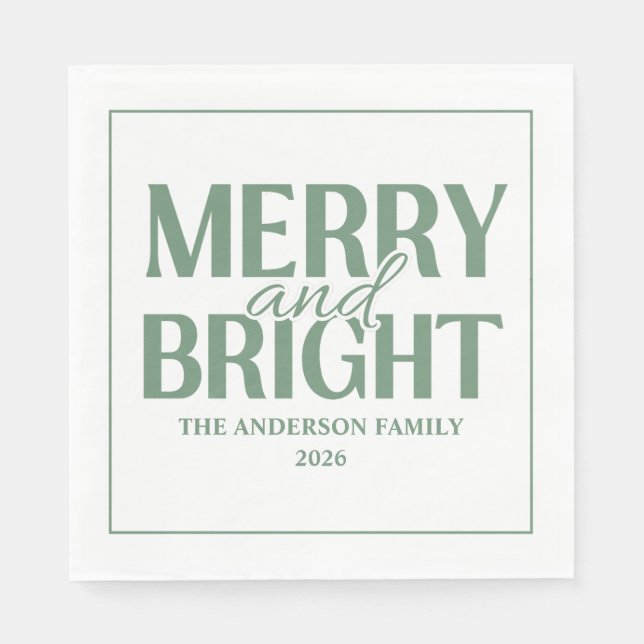 Merry And Bright Christmas Holiday Green Napkin (Front)