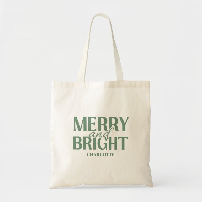 Merry And Bright Christmas Holiday Green Tote Bag (Front)