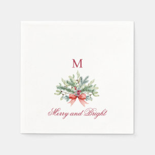 Merry and Bright Christmas Holiday Greenery Napkin