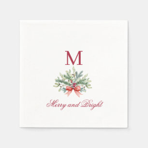 Merry and Bright Christmas Holiday Greenery Napkin