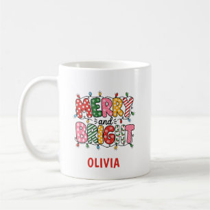 Merry and Bright Christmas Kid Personalised Name Coffee Mug