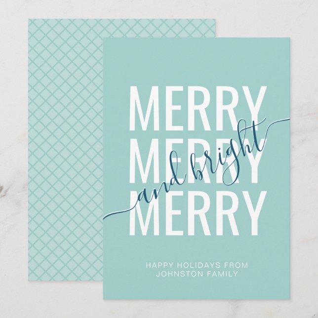 Merry and bright Christmas light teal chequered Holiday Card (Front/Back)