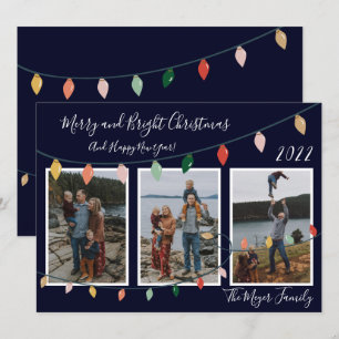 Merry and Bright Christmas Lights Dark Blue Photo Holiday Card