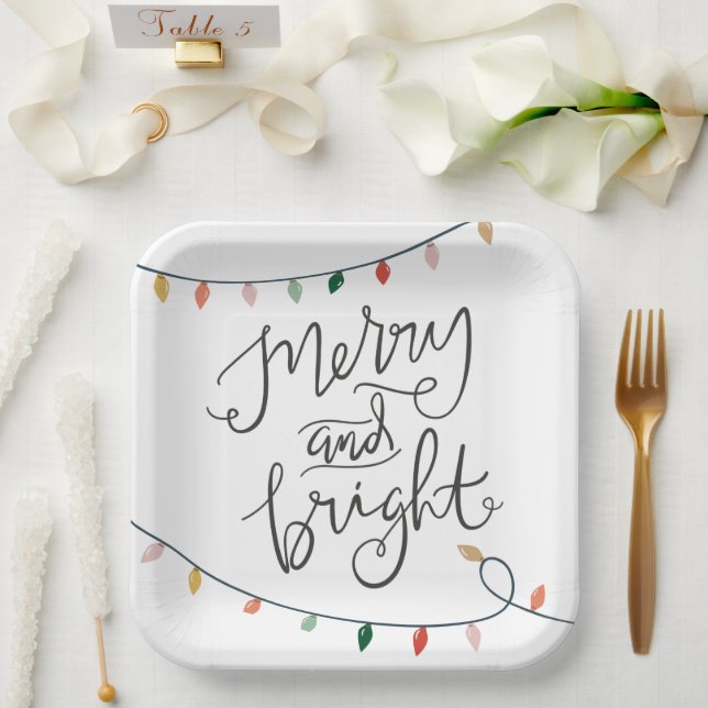 Merry and Bright  Christmas Lights Festive Paper Plate (Wedding)
