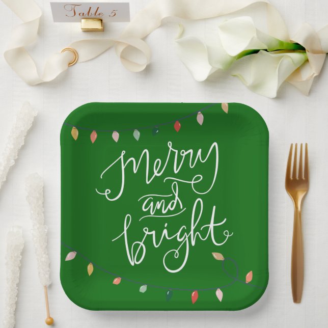 Merry and Bright Christmas Lights Green Paper Plate (Wedding)