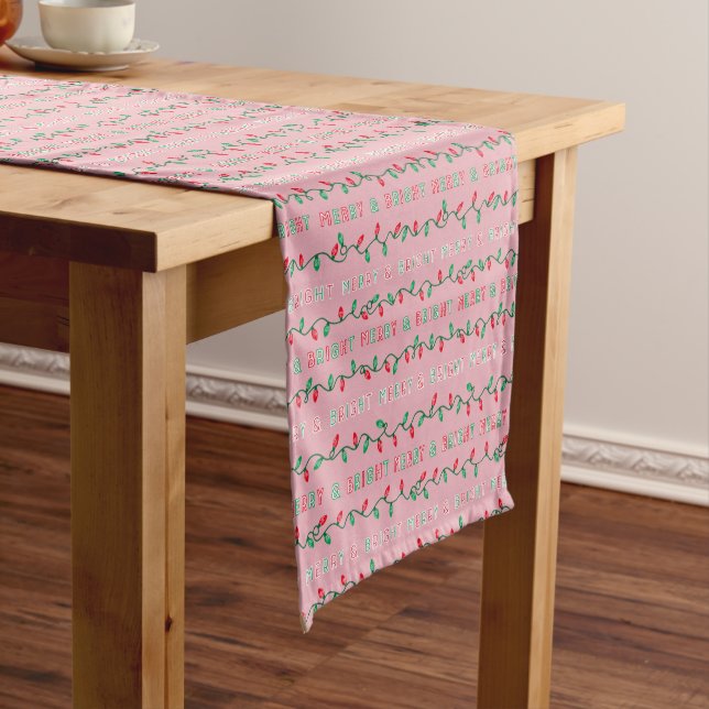 Merry and Bright Christmas Lights Pink Short Table Runner (In Situ)