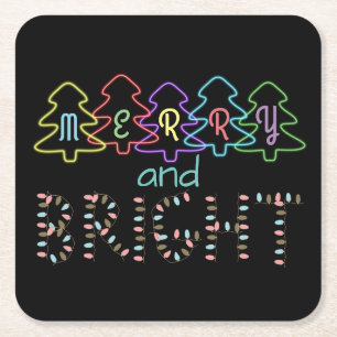 Merry and Bright Christmas Lights Square Paper Coaster