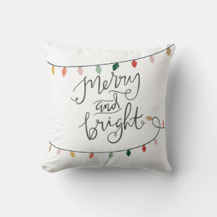 Merry and Bright Christmas Lights White Cushion