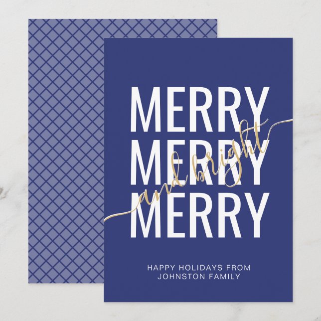 Merry and bright Christmas navy blue chequered Holiday Card (Front/Back)
