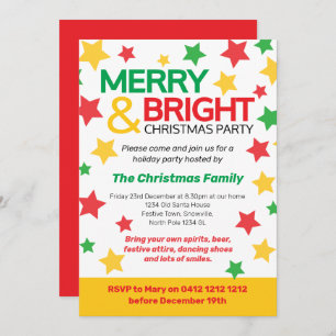 Merry and Bright Christmas party star yellow red Invitation