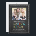 Merry and Bright Christmas Photo Card Chalkboard<br><div class="desc">Merry & bright christmas customisable photo card in colourful,  fun and retro red,  green,  blue,  yellow,  black and white chalkboard pattern. Add your photo and custom text to this card to create a unique christmas greeting this holiday season for friends and family.</div>