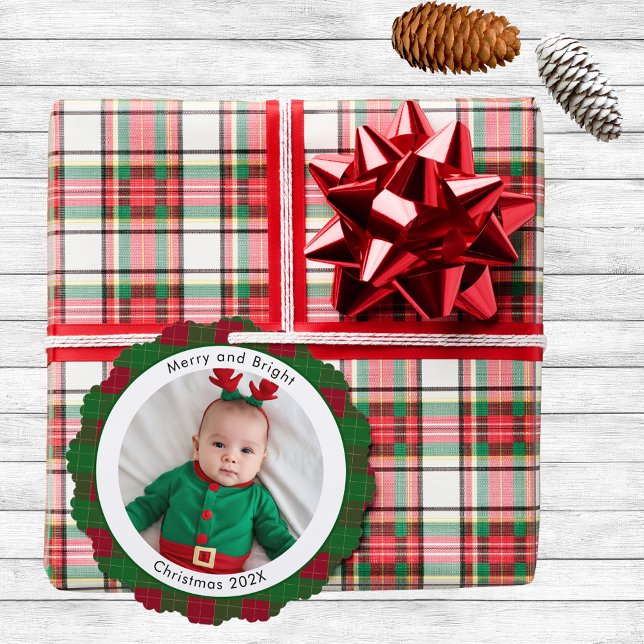 Merry and Bright Christmas Photo Red Green Plaid Tree Decoration Card (Creator Uploaded)