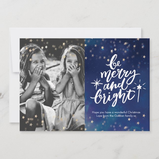 Merry and Bright Christmas photo starry night Holiday Card (Front)