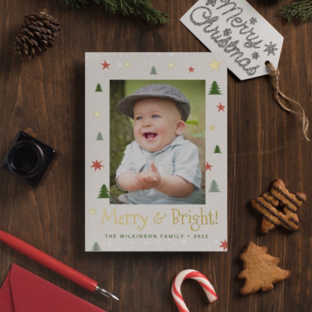 Merry and Bright Christmas Pine Stars Custom Photo Foil Holiday Card (Creator Uploaded)