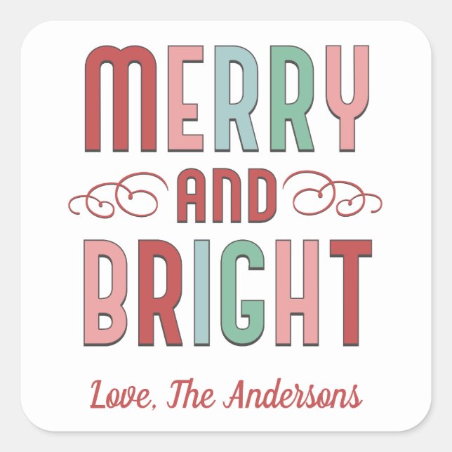 Merry and Bright Christmas Pink Red Gift Square Sticker (Front)