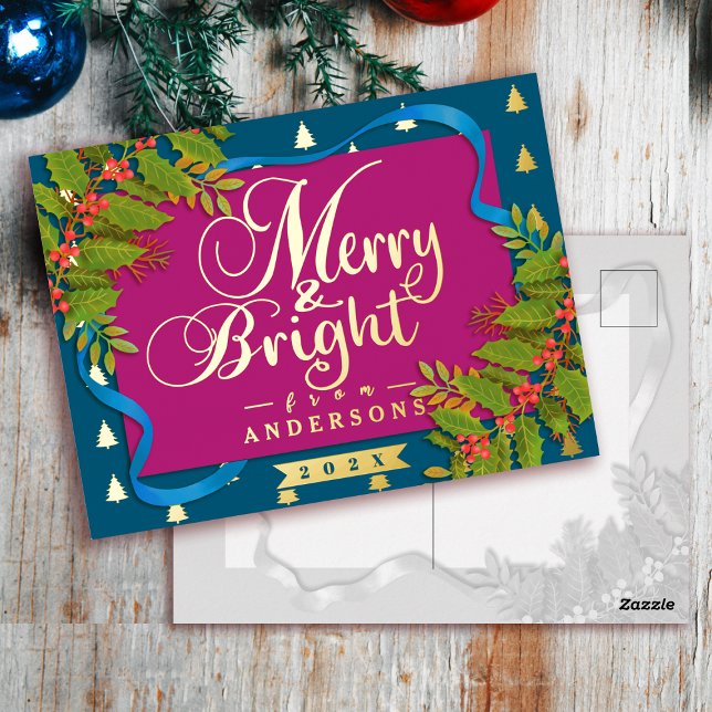 Merry and Bright Christmas Red Blue Foil Holiday Postcard (Merry and Bright Christmas Red  Teal Foil Holiday Postcard)
