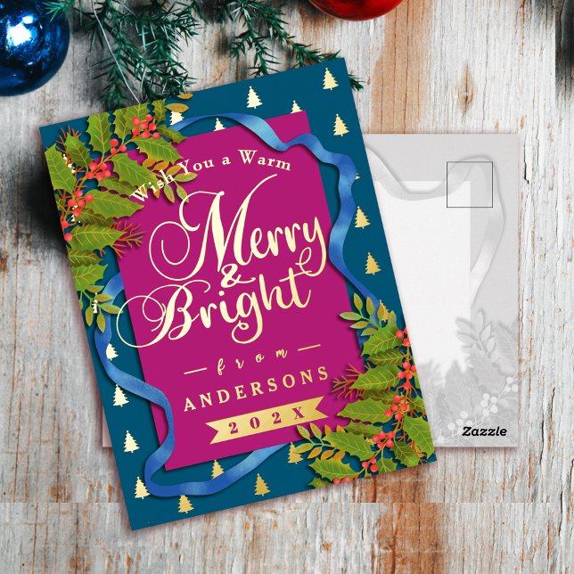 Merry and Bright Christmas Red Blue Foil Holiday Postcard (Merry and Bright Christmas Red Teal Foil Holiday Postcard)