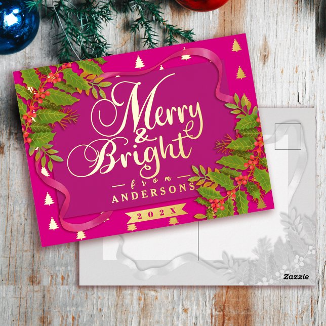 Merry and Bright Christmas Red Foil Holiday Postcard (Merry and Bright Christmas Red Foil Holiday Postcard)