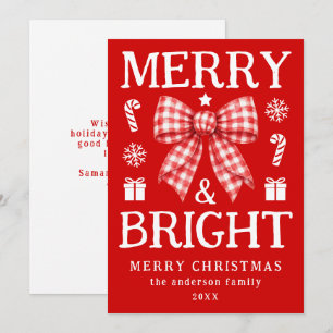Merry and Bright Christmas Red Gingham Bow Holiday Card