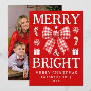 Merry and Bright Christmas Red Gingham Bow Photo Holiday Card