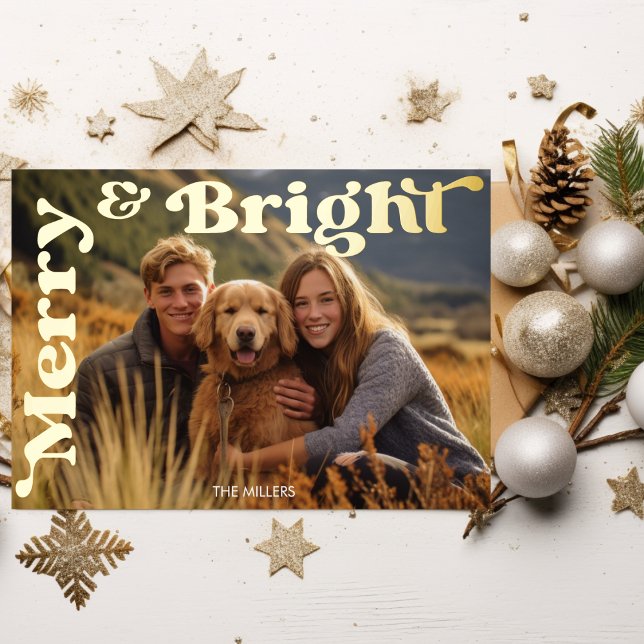 Merry And Bright Christmas Retro Typography Photo Foil Holiday Postcard (Merry And Bright Christmas Retro Typography Photo Foil Holiday Postcard)