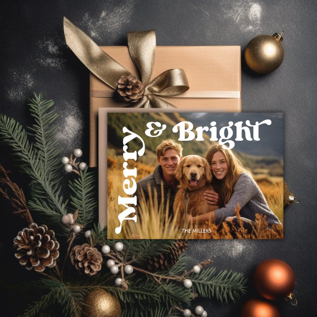 Merry And Bright Christmas Retro Typography Photo Holiday Card (Merry And Bright Christmas Retro Typography Photo Holiday Card)