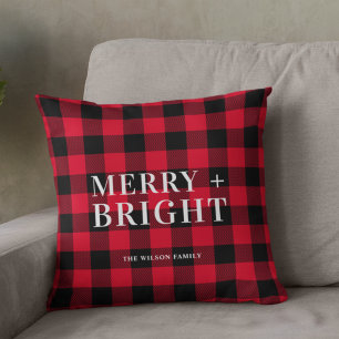 Merry and Bright Christmas Rustic Buffalo Plaid Cushion