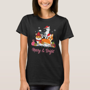 Merry and Bright Christmas Santa Hat Animal Graphi T-Shirt