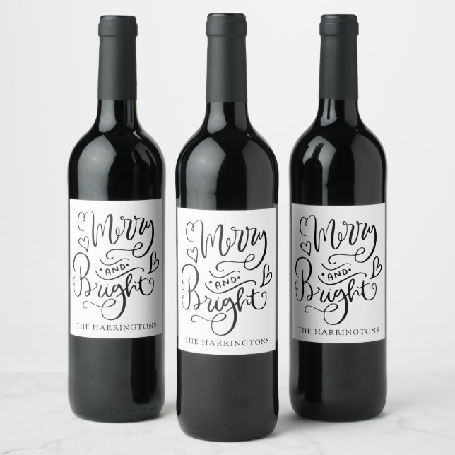 Merry And Bright Christmas Script Calligraphy Wine Label (Bottles)