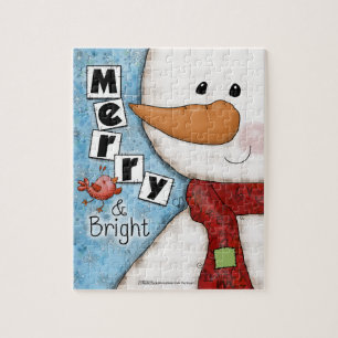 Merry and Bright Christmas Snowman and Red Bird Jigsaw Puzzle