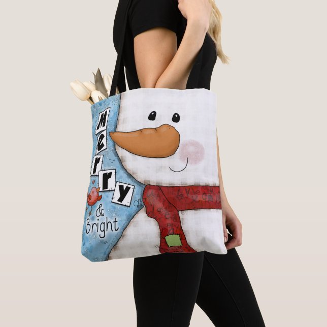 Merry and Bright Christmas Snowman and Red Bird Tote Bag (Close Up)