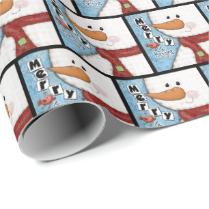 Merry and Bright Christmas Snowman and Red Bird Wrapping Paper