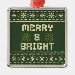 Merry and Bright Christmas Sweater Nordic Knit  Metal Ornament